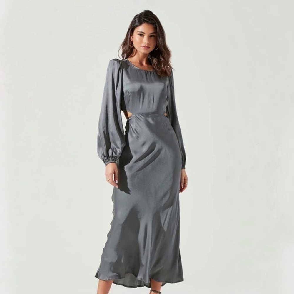 Astr Satin Midi Dress in Slate Gray